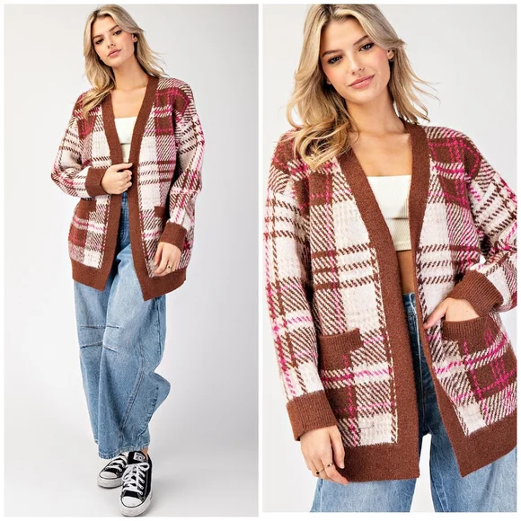 ee:some Cozy Chic Brown Plaid Cardigan - Picture 8 of 15